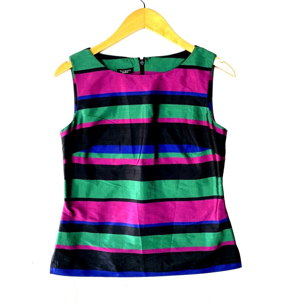 Vintage Talbots Blouse Womens 2 Stripe 100%Silk Multicolor Sleeveless Office